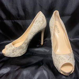 Guess Nude Lace Sparkle Open Toe Pumps SIZE 7 1/2
